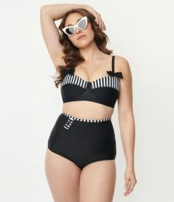 Unique Vintage Black & White Stripe Contrast Bowed Over Swim Top