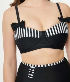 Unique Vintage Black & White Stripe Contrast Bowed Over Swim Top