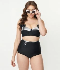 Unique Vintage Black & White Stripe Contrast Bowed Over Swim Top
