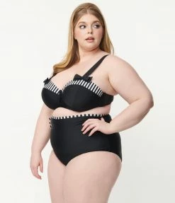 Unique Vintage Plus Size Black High Waist Hatteras Swim Bottom Swimwear