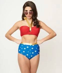 DC Comics X Unique Vintage Blue & White Star Print Redondo Swim Bottoms Swimwear