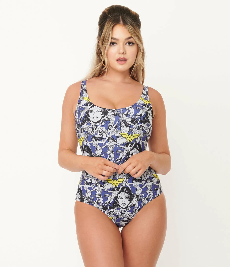 DC Comics X Unique Vintage Wonder Woman All Over Print Huntington Swimsuit Swimwear