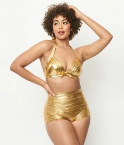 Unique Vintage Gold Monroe Halter Swim Top