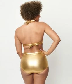 Unique Vintage Gold Monroe Halter Swim Top