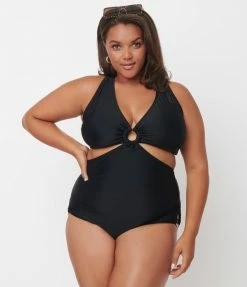 Unique Vintage Plus Size Black Fresh Cut One Piece Swimsuit Swimwear
