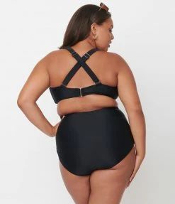 Unique Vintage Plus Size Black Fresh Cut One Piece Swimsuit Swimwear