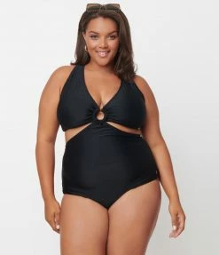 Unique Vintage Plus Size Black Fresh Cut One Piece Swimsuit Swimwear