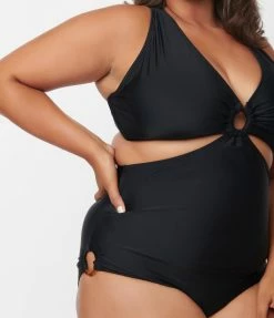 Unique Vintage Plus Size Black Fresh Cut One Piece Swimsuit Swimwear