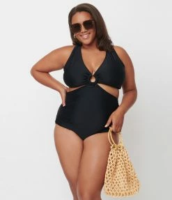Unique Vintage Plus Size Black Fresh Cut One Piece Swimsuit Swimwear