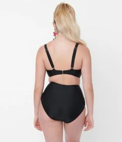Unique Vintage Black Fresh Cut One Piece Swimsuit Swimwear