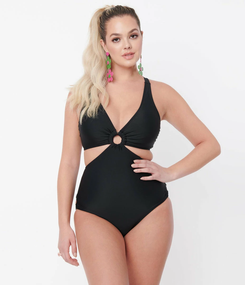 Unique Vintage Black Fresh Cut One Piece Swimsuit Swimwear