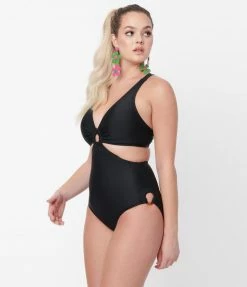 Unique Vintage Black Fresh Cut One Piece Swimsuit Swimwear
