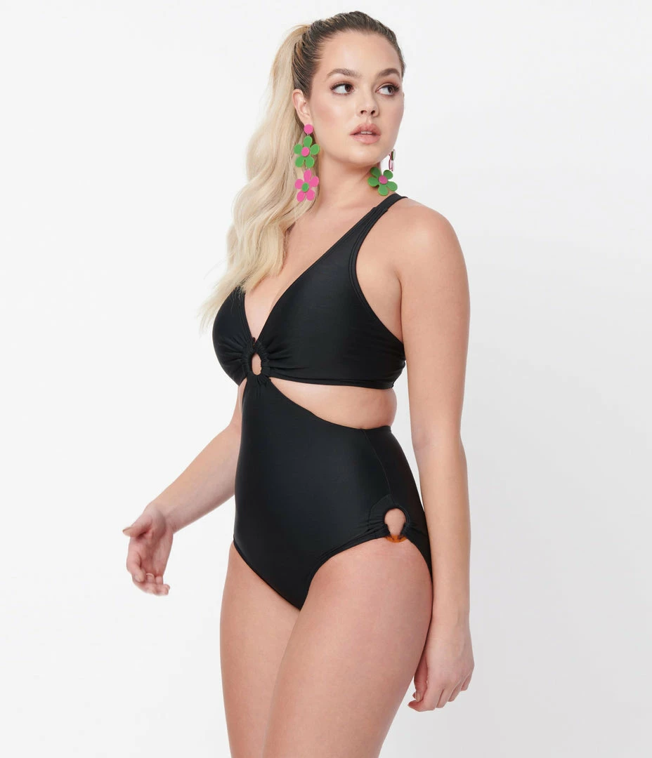 Unique Vintage Black Fresh Cut One Piece Swimsuit Swimwear