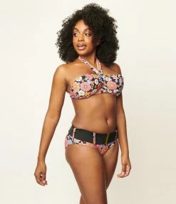 Swimwear Unique Vintage Pink & Blue Floral Print Forever Glam Swim Top