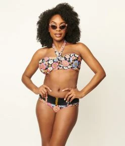 Swimwear Unique Vintage Pink & Blue Floral Print Forever Glam Swim Top