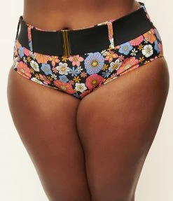 Unique Vintage Plus Size Pink & Blue Floral Print Belted Sunsational Swim Bottom