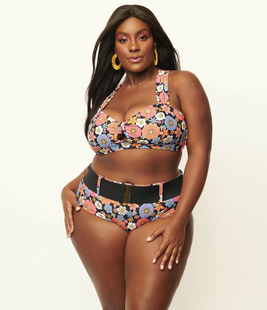 Unique Vintage Plus Size Pink & Blue Floral Print Belted Sunsational Swim Bottom