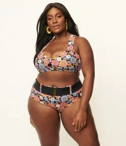 Unique Vintage Plus Size Pink & Blue Floral Print Belted Sunsational Swim Bottom