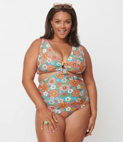 1970s Unique Vintage Plus Size Turquoise & Pink Floral Fresh Cut One Piece Swimsuit