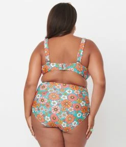 1970s Unique Vintage Plus Size Turquoise & Pink Floral Fresh Cut One Piece Swimsuit