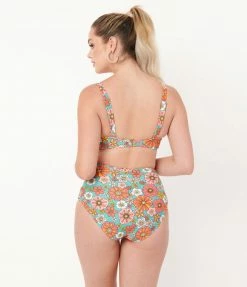 Unique Vintage Turquoise & Pink Floral Fresh Cut One Piece Swimsuit