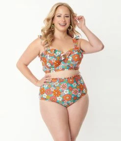 Swimwear Unique Vintage Plus Size Turquoise & Pink Floral Print Southampton Swim Top