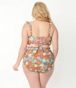 Swimwear Unique Vintage Plus Size Turquoise & Pink Floral Print Southampton Swim Top