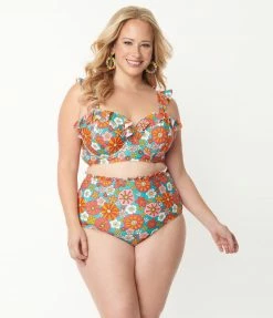 Swimwear Unique Vintage Plus Size Turquoise & Pink Floral Print Southampton Swim Top