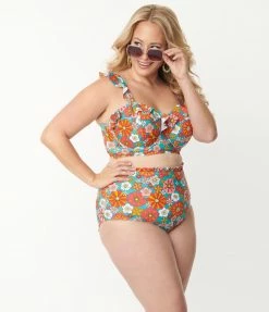 Swimwear Unique Vintage Plus Size Turquoise & Pink Floral Print Southampton Swim Top