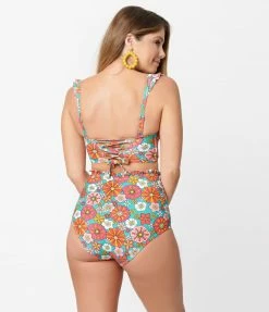 Unique Vintage Turquoise & Pink Floral Print Cape May Swim Bottom