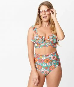 Unique Vintage Turquoise & Pink Floral Print Cape May Swim Bottom
