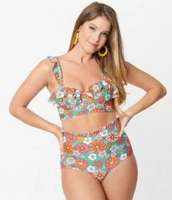 Unique Vintage Turquoise & Pink Floral Print Cape May Swim Bottom