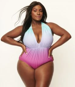 1970s Unique Vintage Plus Size Blue & Purple Pastel Ombre Derek One Piece Swimsuit