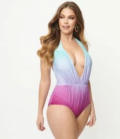 Unique Vintage Blue & Purple Pastel Ombre Derek One Piece Swimsuit