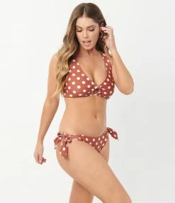 Unique Vintage Rust & White Polka Dot Give Us A Ring Swim Top
