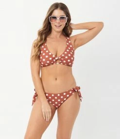 Unique Vintage Rust & White Polka Dot Give Us A Ring Swim Top