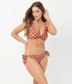 Unique Vintage Rust & White Polka Dot Give Us A Ring Swim Top