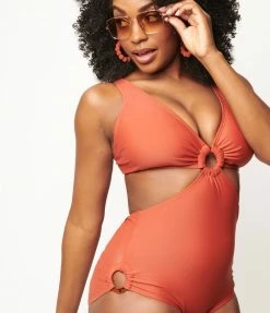 Unique Vintage Rust Orange Fresh Cut One Piece Swimsuit Swimwear