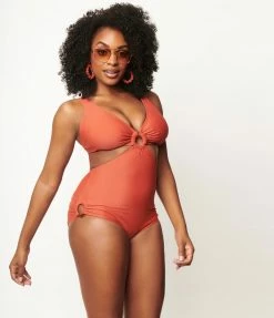Unique Vintage Rust Orange Fresh Cut One Piece Swimsuit Swimwear