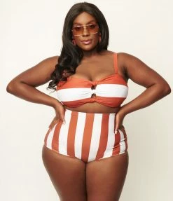 Unique Vintage Plus Size Rust & White Stripe Knot So Fast Swim Top