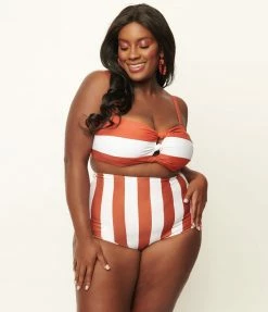 Unique Vintage Plus Size Rust & White Stripe Knot So Fast Swim Top