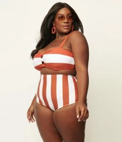 Unique Vintage Plus Size Rust & White Stripe Knot So Fast Swim Top