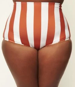Swimwear Unique Vintage Plus Size Rust & White Stripe Louise Swim Bottom