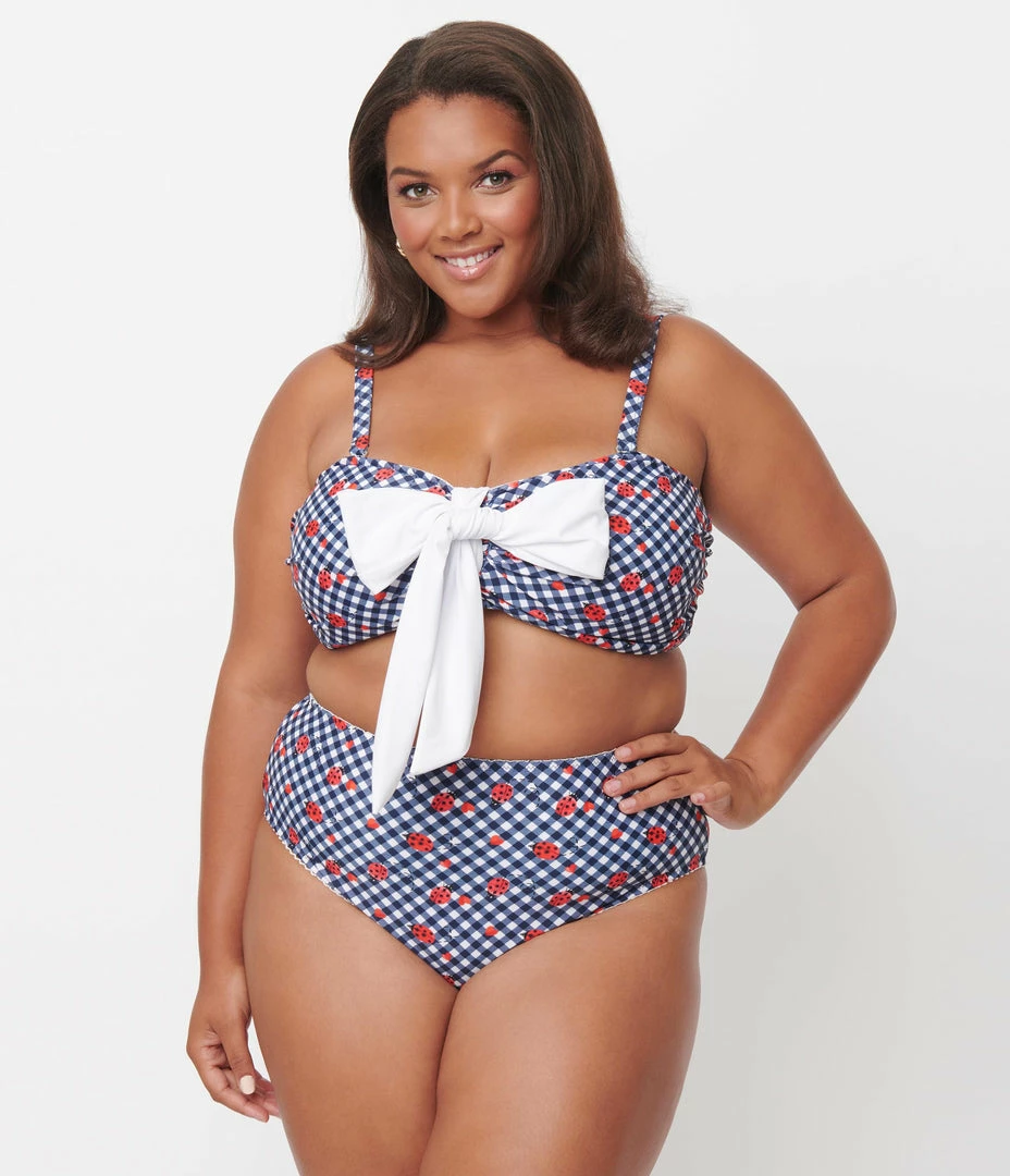 Unique Vintage Plus Size Navy Gingham & Ladybug Print Rialto Bikini Top Swimwear