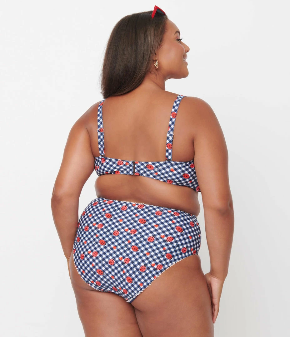 Unique Vintage Plus Size Navy Gingham & Ladybug Print Rialto Bikini Top Swimwear