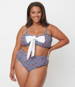 Unique Vintage Plus Size Navy Gingham & Ladybug Print Rialto Bikini Top Swimwear