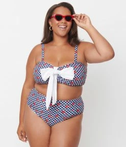 Unique Vintage Plus Size Navy Gingham & Ladybug Print Rialto Bikini Top Swimwear