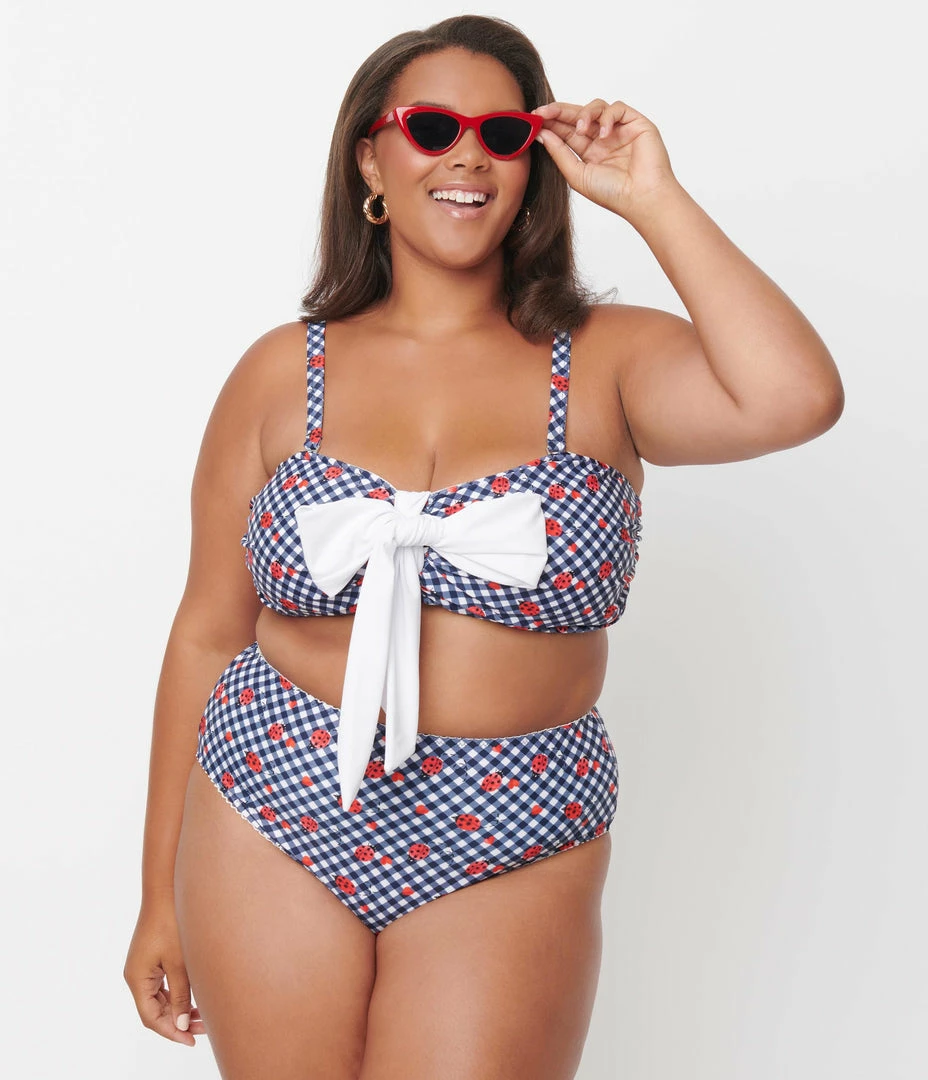 Unique Vintage Plus Size Navy Gingham & Ladybug Print Rialto Bikini Top Swimwear