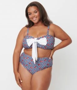 Unique Vintage Plus Size Navy Gingham & Ladybug Print Rialto Bikini Top Swimwear