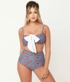 Unique Vintage Navy Gingham & Ladybug Print Rialto Bikini Top